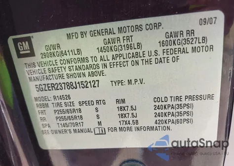 2008 Saturn Outlook Xr from USA, damaged, VIN 5GZER23788J152127